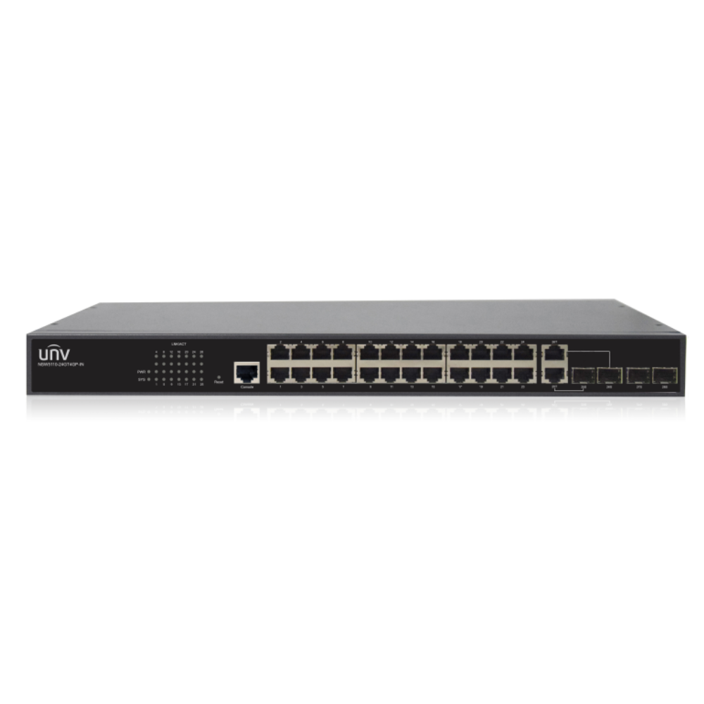 Uniview NSW5110-24GT4GP-IN L2 switch 24x100Mbps + 2xSFP uplink + 2xGbps/SFP uplink, 802.1Q VLAN, port mirroring, STP/RSTP/MSTP, web management, TELNET, SNMP, SSH, RMON
