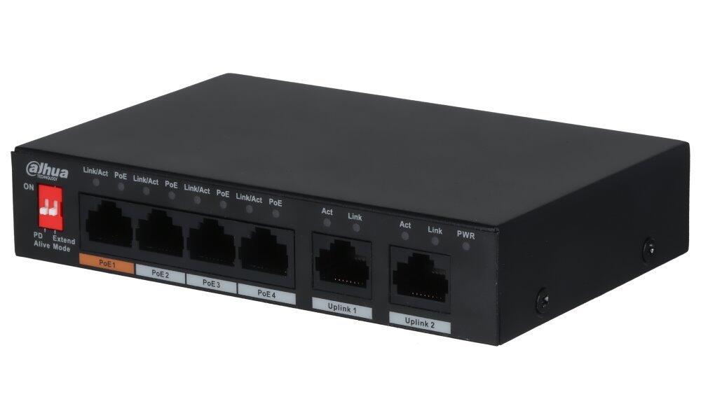 Dahua PFS3006-4ET-60-V2 PoE switch 6x 100Mb, 4x PoE 802.3af/at/Hi-PoE, celkem PoE 60W, extend mód 10Mb/s do 250m