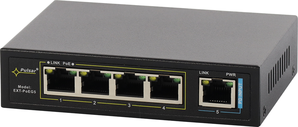 PULSAR EXT-POEG5 Dátový switch / extender 4+1 portov, z toho 4 s PoE, napájanie z HighPower PoE alebo externím zdrojem