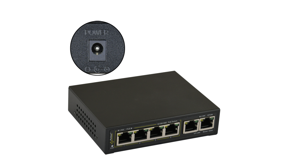 PULSAR SG-64WP Dátový switch 4+2 port, z toho 4 s PoE, napájanie pomocou externího adaptéru