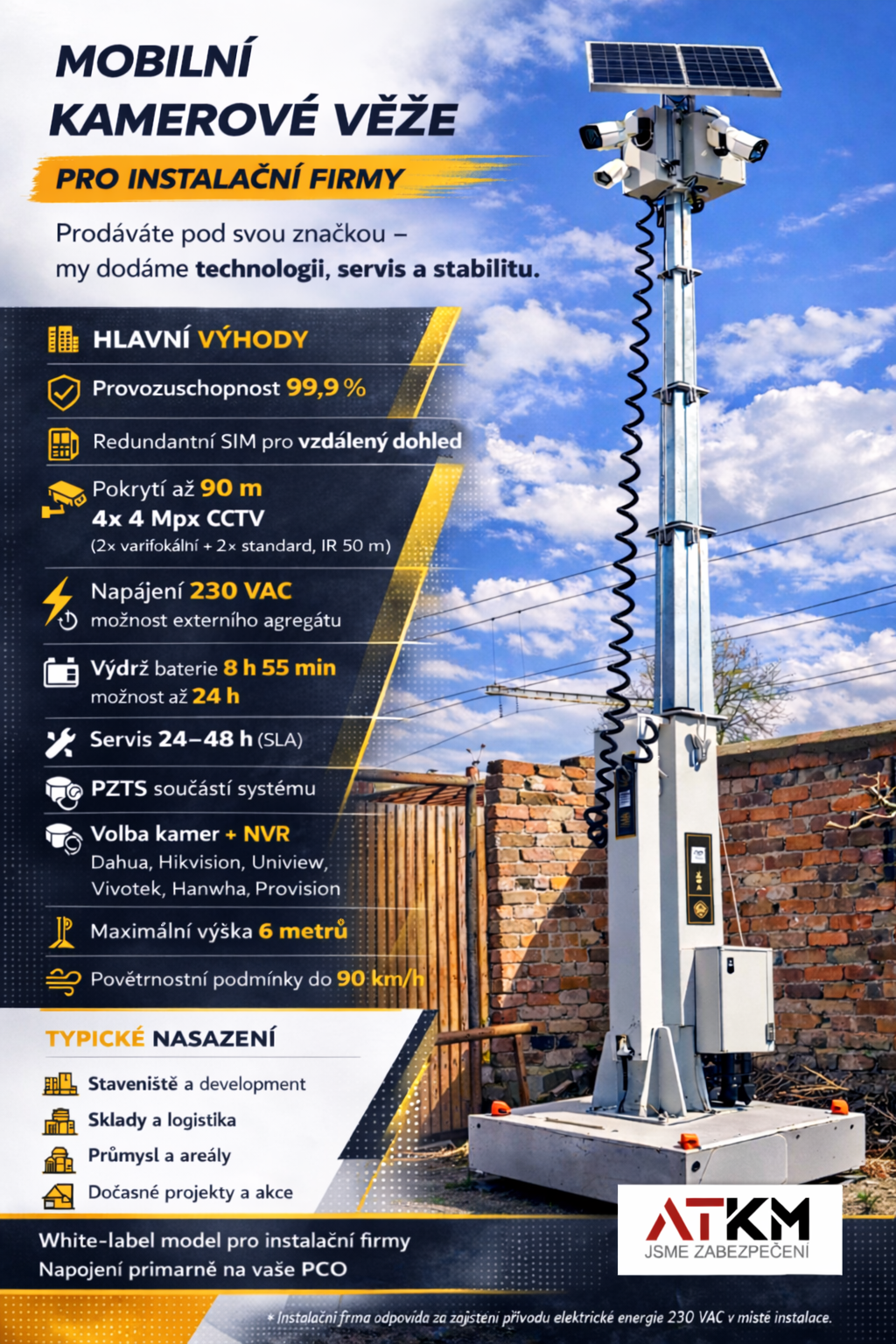 Mobilný kamerová věž na přívěsném vozíku, technológia Dahua, 4 kamery + 8ch NVR, pronájem