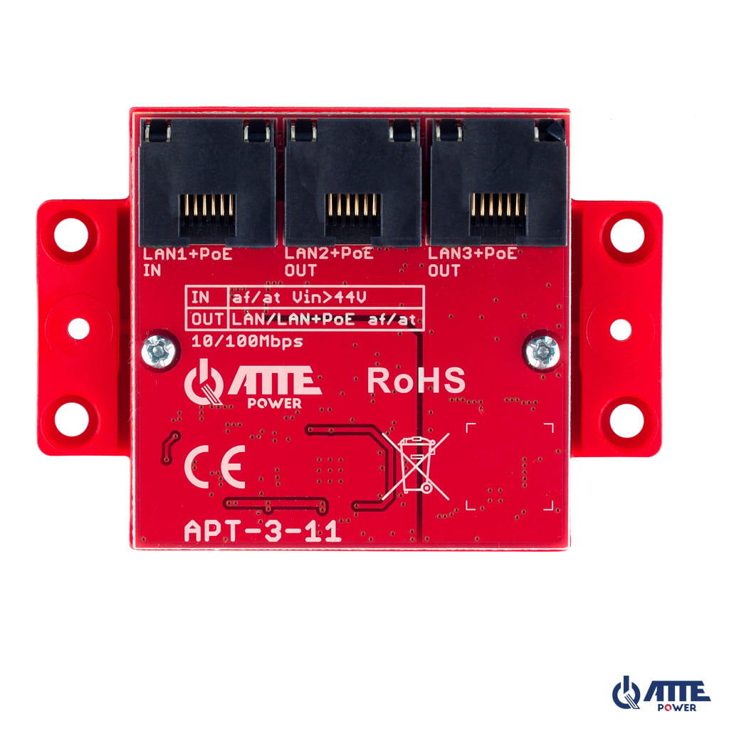 ATTE APT-3-11 3portový PoE switch 10/100 Mb/s, extender (1× PoE IN 802.3af/at + 2× PoE OUT 802.3af/at), napájený přes PoE.