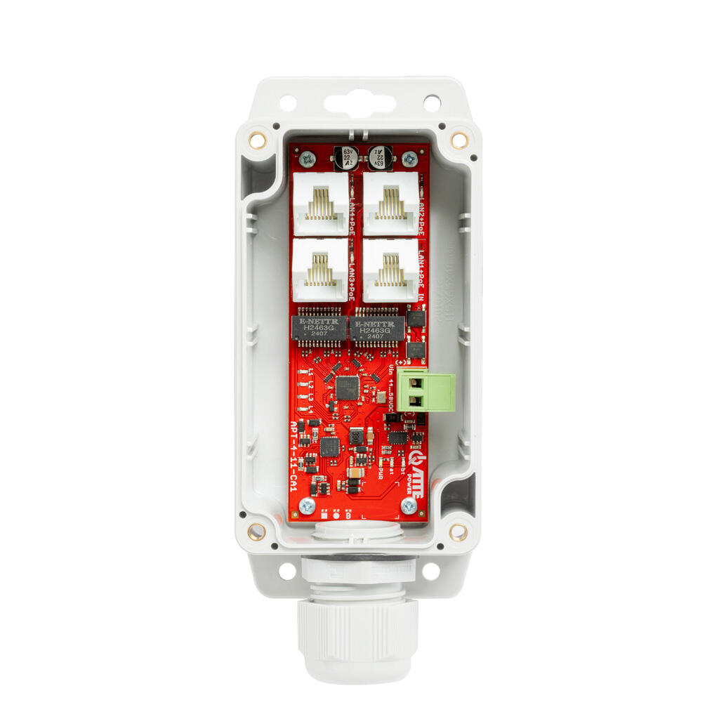 ATTE APT-4-11-CA1 4portový PoE switch 10/100 Mb/s, extender, 1× PoE IN 802.3af/at/bt60 + 3× PoE OUT 802.3af/at, ve venkovním krytu IP68 ABOX-CA1, napájený přes PoE alebo skrutkovací svorky.