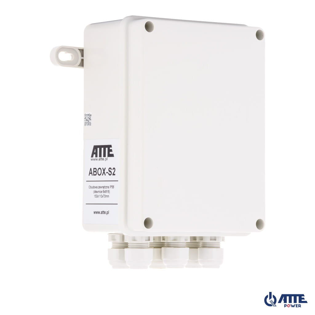 ATTE ABOX-S2 Vonkajšia skriňa, IP56, 110 × 150 × 70 mm, kabelové vývodky 6× M16, systémové děrování v rastru 10,8 mm, plast odolný proti UV záření, RAL 7035 (sivá).