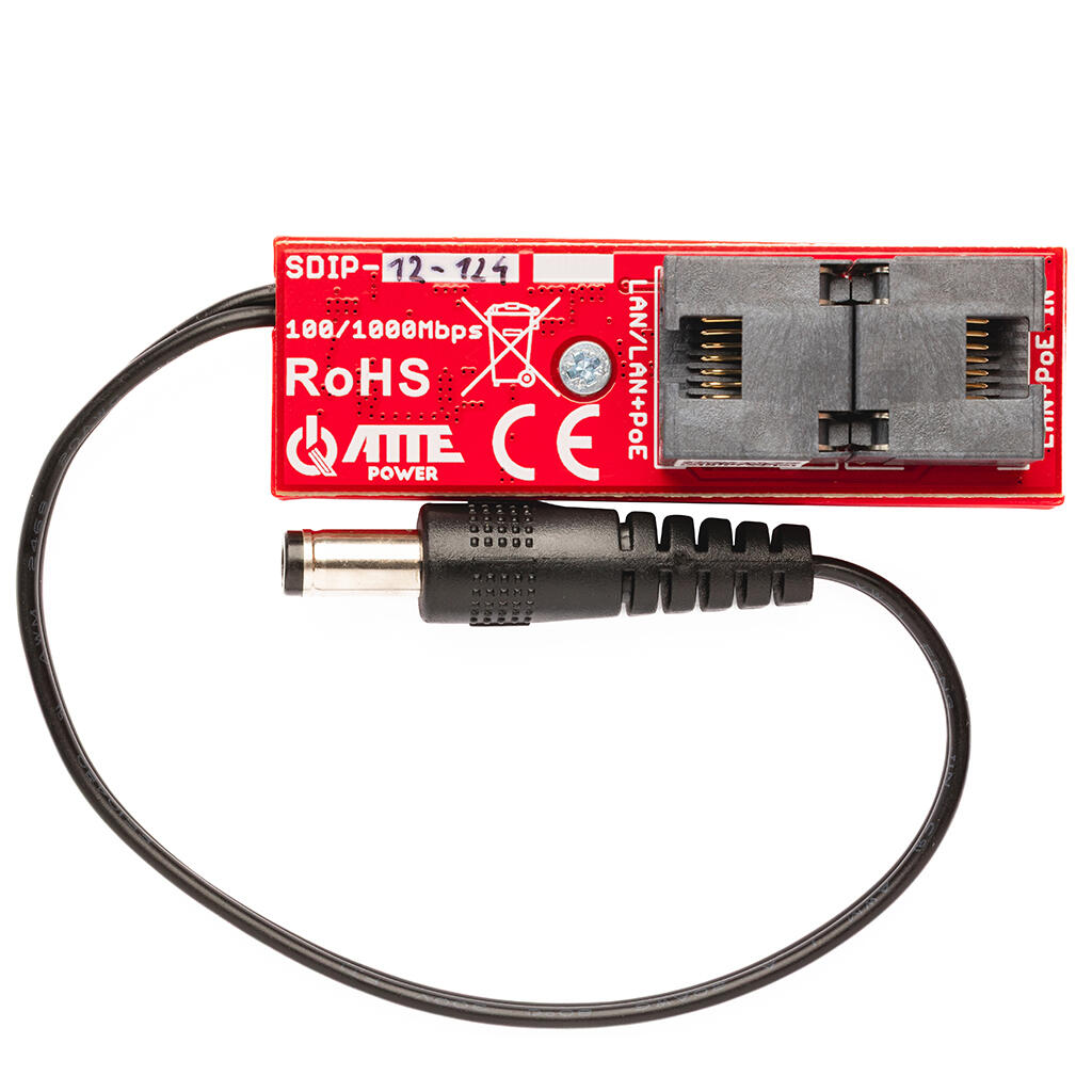 ATTE SDIP-12-124 Gigabitový PoE splitter, vstupní napětí 35–56 V DC, výstup 1: 12 V DC (DC konektor), výstup 2: pasívny PoE (RJ45), výstupní prúd 1 A, výstupní výkon 12 W, kompatibilní s pasivním PoE i přepínači 802.3af, konektory RJ45/RJ45 + DC.