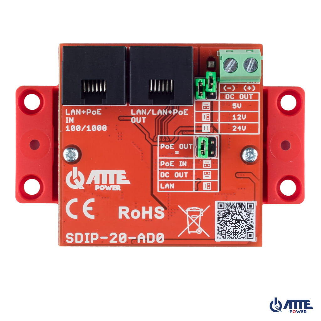 ATTE SDIP-20-AD0 Gigabitový PoE splitter, vstupní napětí 44–56 V DC, výstupní napětí 5 V / 12 V / 24 V, výstupní výkon 20 W, kompatibilní s pasivním PoE i standardem 802.3af/at, konektory RJ45/RJ45.