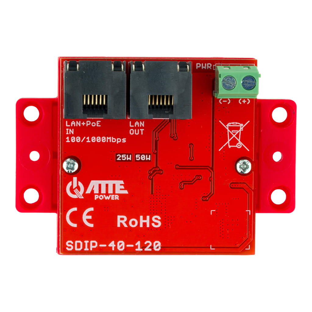 ATTE SDIP-40-120 Gigabitový PoE splitter pre napájanie NVR (kablík s DC jackem součástí dodávky), napájanie PoE 802.3af/at/bt alebo pasívny, výstupní napětí 12 V, výstupní výkon 40 W, konektory RJ45/RJ45.