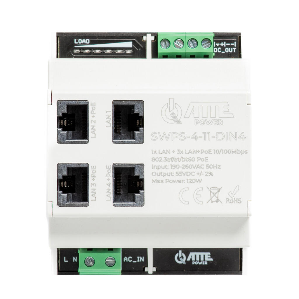 ATTE SWPS-4-11-DIN4 4portový PoE switch 10/100 Mb/s s integrovaným napájecím zdrojem, 1× LAN + 3× LAN+PoE, PoE 802.3af/at/bt60, vstupní napětí 230 VAC, výstupní napětí 55 VDC, výstupní výkon 120 W, v pouzdře DIN4 pre montáž na lištu TH35, s indika...