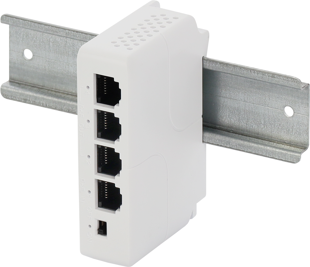 PULSAR EXT-POE3DIN Dátový switch 3+1 port, z toho 3 s PoE, napájanie z PoE